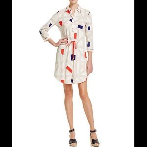 Tory Burch Geo Print Drawstring Shirt Dress collared button down 3/4 sleeves tan